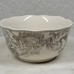 222 Fifth Adelaide Bowl 5.5" Silver Floral Bird White Porcelain Round Scalloped